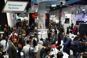 Drones and other unmanned aerial vehicles on display at the Consumer Electronics Show.