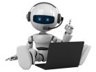 Chatbot sits with audio headset at a laptop