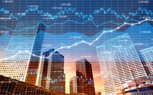 Business district: stock market and finance data on city background